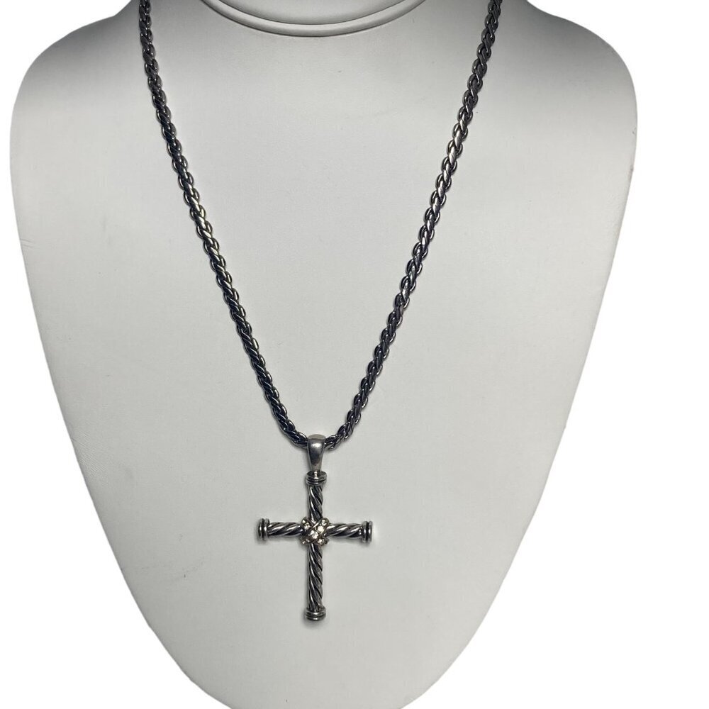 Silver Tone Rope Chain Necklace Chunky Twisted Cross Pendant Rhinestone Accents